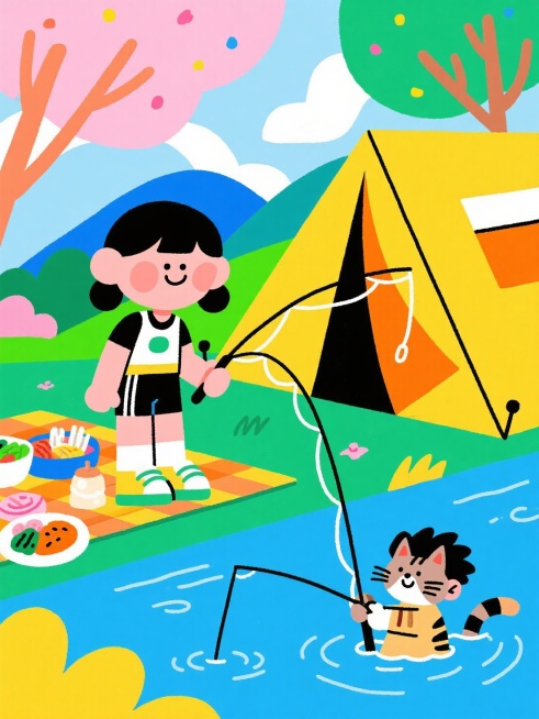 商业插画，韩国漫画，扁平风格，春天露营海报，运动风，户外露营帐篷，一个甜美女孩子（小头大身体，肢体比例夸张，不符合物理世界人体结构），一个男孩在河边钓鱼，旁边有一些吃的。几何图形，孟菲斯艺术风格，线条预览效果