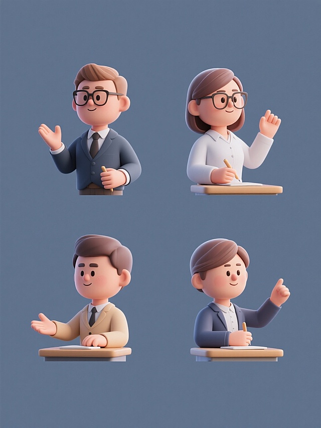 3D风格，简约现代造型，纯色背景，无任何文字、logo和水印，四个规整排布的素材，包含不同动作、不同性别的老师形象，角色具有柔和的卡通化面部特征，细腻的光影过渡，平滑的材质表现，清晰的边缘轮廓，整体视觉风格统一和谐。