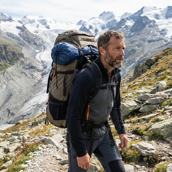 将这个蓝色收纳袋放在登山背包中，一个外国男人背着这个登山背包，背景是壮丽的高山登山场景，户外自然光，写实风格预览效果