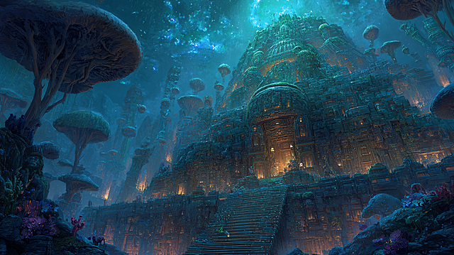 异世界古神遗迹底部，人类如蚂蚁攀爬在超构建筑体上，摩天楼高的神祇雕像与宫殿群有机融合，神像面部是中央祭坛，发丝是回廊栏杆，衣褶是阶梯通道，表面镶嵌着水晶窗和金属符文，周围环绕着浮空石台和断裂的天桥，荧光菌菇从建筑缝隙绽放，磷光藤蔓缠绕柱廊，超广角史诗构图，8K纤毫毕现，幽暗环境中万点微光如星，超现实梦幻与诡异交织，极致繁杂震撼的史前神性建筑奇观 --ar 21:9 --s 350