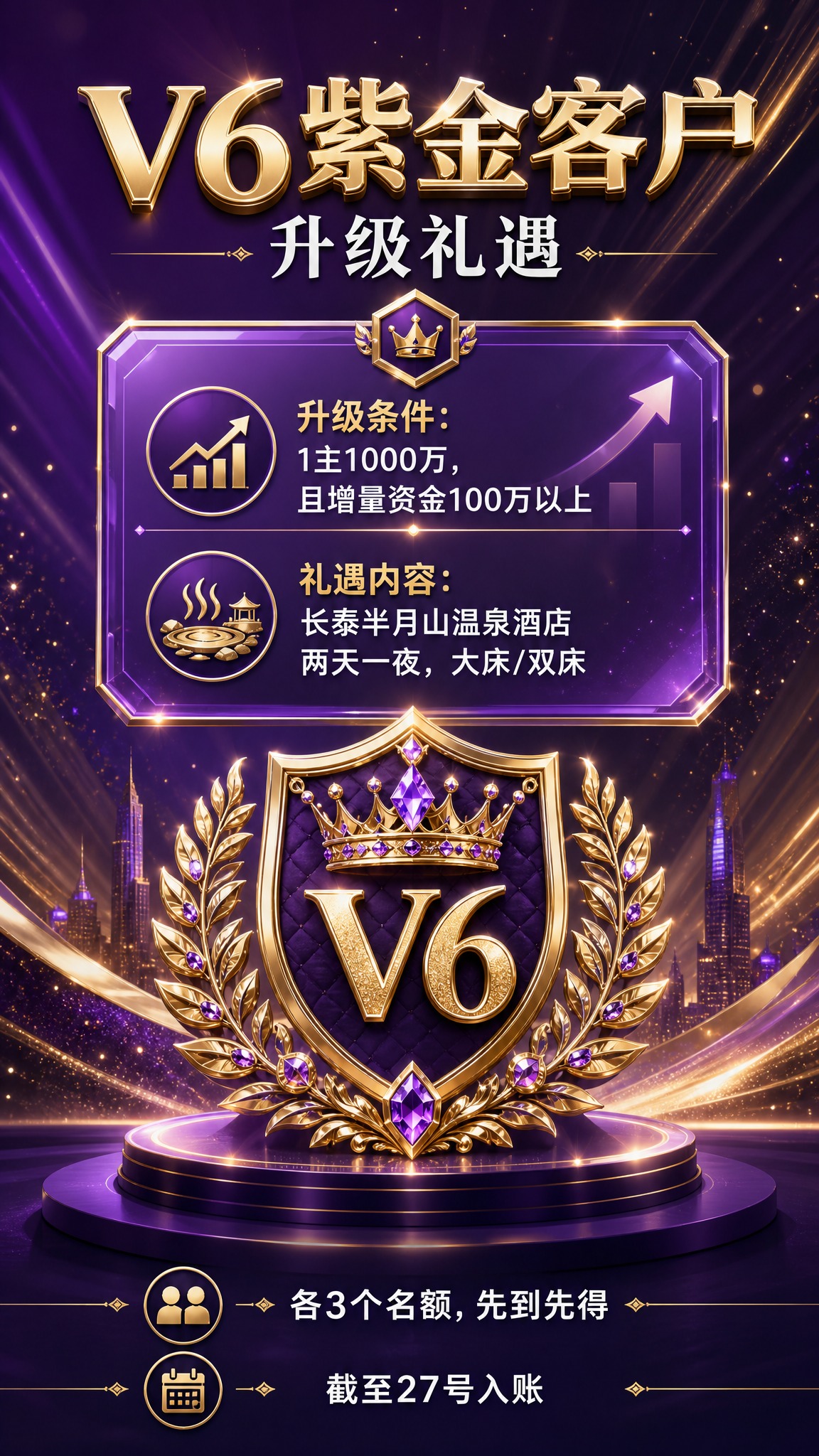 顶级高端金融商务风格竖版海报，V6紫金客户升级礼遇。深紫色渐变… - 图片创意预览