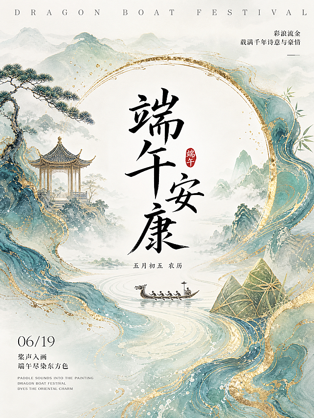 竖版端午节主题海报，新中式国风水墨鎏金风格，主色调为青蓝+薄荷绿+米白，搭配金箔描边，画面整体如流动的山水画卷，8K质感。
主体画面：
- 背景：蓝绿渐变的水墨流纹山水，带细碎鎏金线条，形成环形画框效果，点缀中式凉亭、松树、粽叶包裹的粽子元素，营造东方意境。
- 中心区域：白色留白背景，搭配黑色瘦金体书法大字“端午安康”，旁附红色印章装饰，下方标注小字“五月初五 农历”，底部是迷你龙舟竞渡的简笔插画。
文字排版：
- 顶部：浅灰色英文“DRAGON BOAT FESTIVAL”，右上角小字文案“彩浪流金 载满千年诗意与豪情”。
- 左下角：日期“06/19”，搭配文案“桨声入画 端午尽染东方色”，下方附英文小字。
整体风格：新中式水墨鎏金、国风意境、低饱和清透色调、留白高级感、节日氛围感拉满，适合端午节宣传海报。
参考提示词生成四张3：4的端午节海报，要求每张不能一样可以同色系但是内容要完全不一样