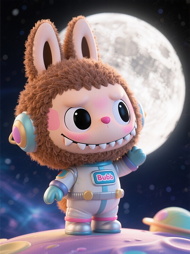 3D卡通宇航员兔，梦幻超现实背景，可爱拟人设计，探索宇宙奇境。