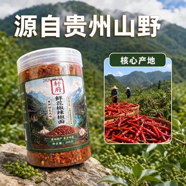[主图-3] 产地溯源展示；
[氛围风格] 原生态贵州山野氛围，自然清新；
[画质] 商业摄影，高清清晰，真实自然，质感通透；
[元素] 前景斜放一罐完整轩府鲜花椒辣椒面，保持产品外观和输入产品图一致预览效果