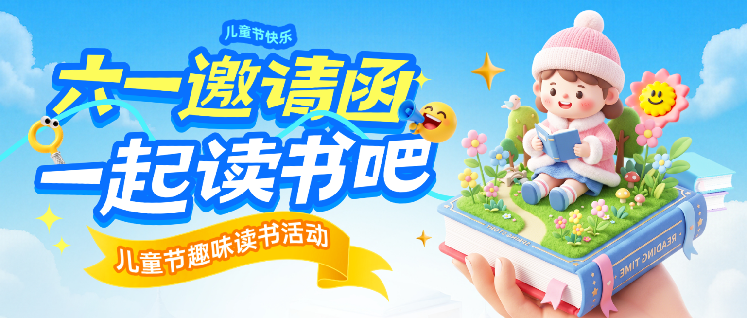 六一儿童节趣味读书活动邀请卡通立体风微信公众号首图预览效果
