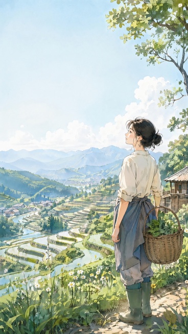 移除画面中所有文字，保留原画面的所有内容：一位穿着简单劳作服的女生背竹篮站在梯田山坡，日系水彩漫画风格，清新治愈，保留原构图、人物和梯田背景，只去除所有文字内容，不要改变画面其他元素预览效果
