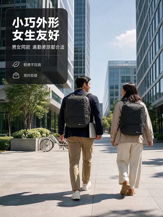 [商品] 使用【图2】男女模特背黑色商务双肩背包场景图；商品处理：保留背包结构、颜色、正面Logo、材质；保留男女模特亚洲面孔、商务休闲穿搭；自然理顺背包面料和人物衣物，增强质感，不改变人物和背包比例。
[画面] 目标：人物通勤场景页，展示背包男女通用、女生友好不笨重的特点。构图：全景中景，男女模特并肩行走在现代写字楼园区广场，背对镜头走向远方；背包清晰可见，周围有玻璃幕墙建筑、绿植、自行车等都市元素；产品融入真实使用场景。
[视觉] 套系策略：风格=都市商务极简高级商业摄影；标题字=现代无衬线粗黑体；正文字=简洁无衬线黑体；主色=深炭黑；背景延展=基于深炭黑做深浅层级渐变、同色系灰调过渡和细腻哑光质感；强调色=银灰色，仅用于小面积图标、引线和标签；标题色=纯白色；正文色=浅灰色；组件=圆角深色半透明信息卡、细银灰引线；光影=自然日光，午后暖调侧光，人物和背包有自然阴影。
[文字] 左上角半透明深色信息卡，主标题「小巧外形 女生友好」，副标题「男女同款 通勤差旅都合适」，下方2个短卖点「轻便不压肩」「简约百搭」；文字横排，不遮挡人物和背包主体。
[规格] 图片比例3:4竖版，4K分辨率，负向提示：避免变形、错字、文字过小、背包颜色改变、人物失真、表情僵硬、极限词。