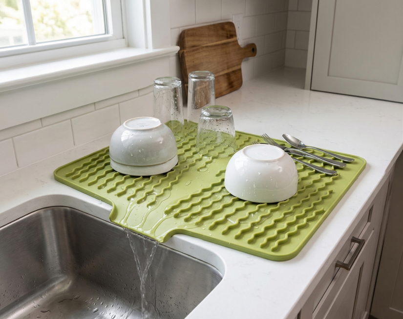 现代美式厨房场景，一块绿色硅胶沥水垫平铺在厨房水槽旁边，沥水垫底部开口紧贴并朝向水槽边缘，水槽为不锈钢材质，旁边放有洗好的杯子、碗和餐具，垫子表面的水珠自然顺着波浪导流纹流向开口并回流入水槽，画面明亮预览效果