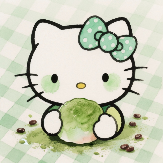 Hello Kitty头像，1:1正方形构图，薄荷绿波点蝴蝶结，脸颊晕染嫩绿色腮红，怀里抱着抹茶红豆大福，背景是浅绿格子餐布+散落的抹茶粉，手绘软萌质感，线条圆润软糯，暖调柔光，甜度清新不腻，8K高清预览效果