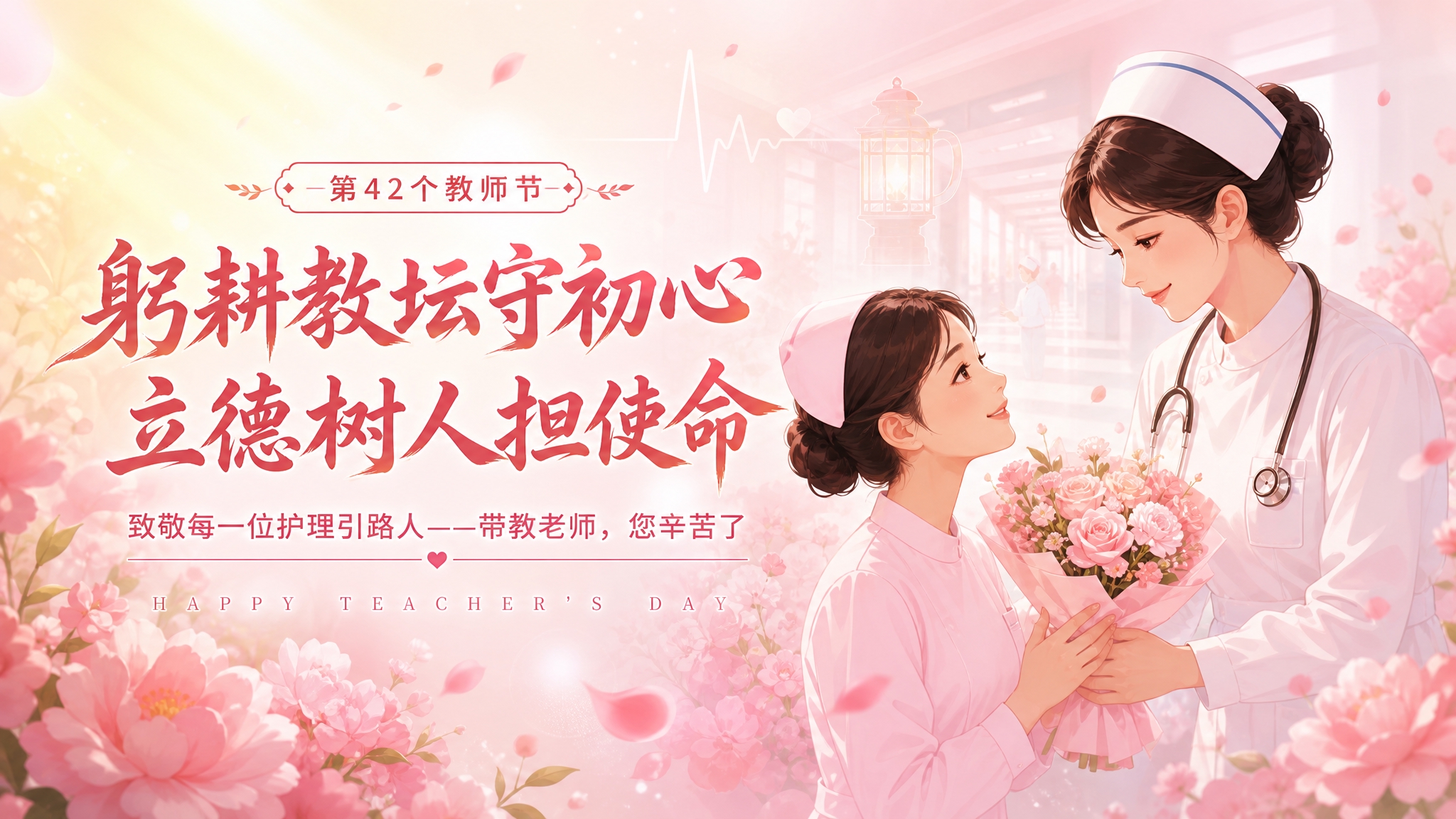 基于这张教师节温馨插画参考图，制作护士带教老师教师节大屏图，横… - 图片创意预览