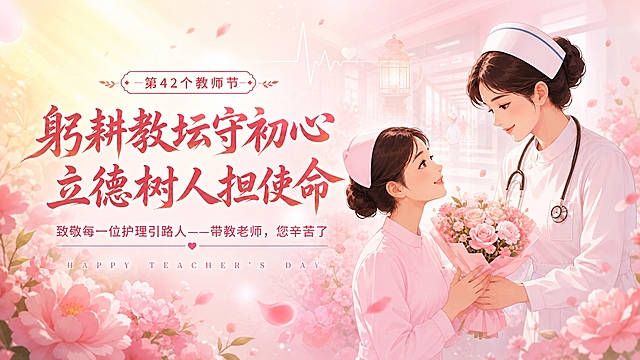 基于这张教师节温馨插画参考图，制作护士带教老师教师节大屏图，横版16:9比例，延续原图的温馨唯美插画风格。画面主体：右侧是一位温柔的资深护士带教老师，穿着整洁的白色护士服、戴燕尾护士帽，胸前佩戴听诊器，面带慈爱微笑微微弯腰；左侧是一位年轻护士学员，穿着浅粉色护士服，双手捧着一束鲜花献给带教老师，眼神充满敬意和感恩。两人互动温馨，背景为梦幻粉白色花海，花瓣飘洒，左上角有暖黄色光晕洒下，背景中隐约可见医院走廊、南丁格尔灯和心电波形等医疗元素。画面左侧大字主标题"躬耕教坛守初心"，第二行"立德树人担使命"，主标题上方有小字标签"第42个教师节"，下方副标题"致敬每一位护理引路人——带教老师，您辛苦了"，底部小字英文"HAPPY TEACHER'S DAY"。整体色调粉白渐变+暖黄光晕，浪漫温馨又庄重，文字清晰醒目，适合医院大屏展示，版式精美，四周留安全边距，所有文字完整精确呈现。