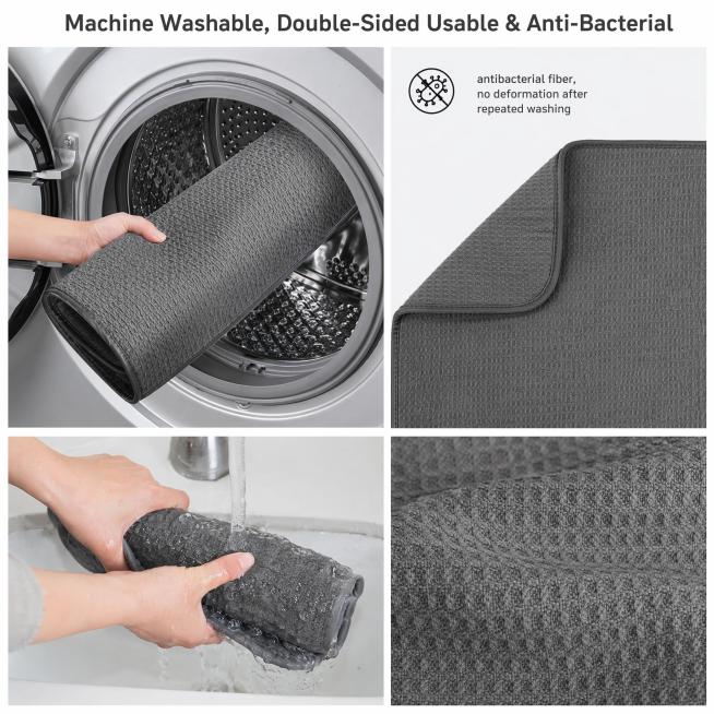 [主图-4] 可机洗耐用双面使用图解，标题文字 "Machine Washable, Double-Sided Usable & Anti-Bacterial"。1:1正方形，分栏实拍构图。左侧展示灰预览效果