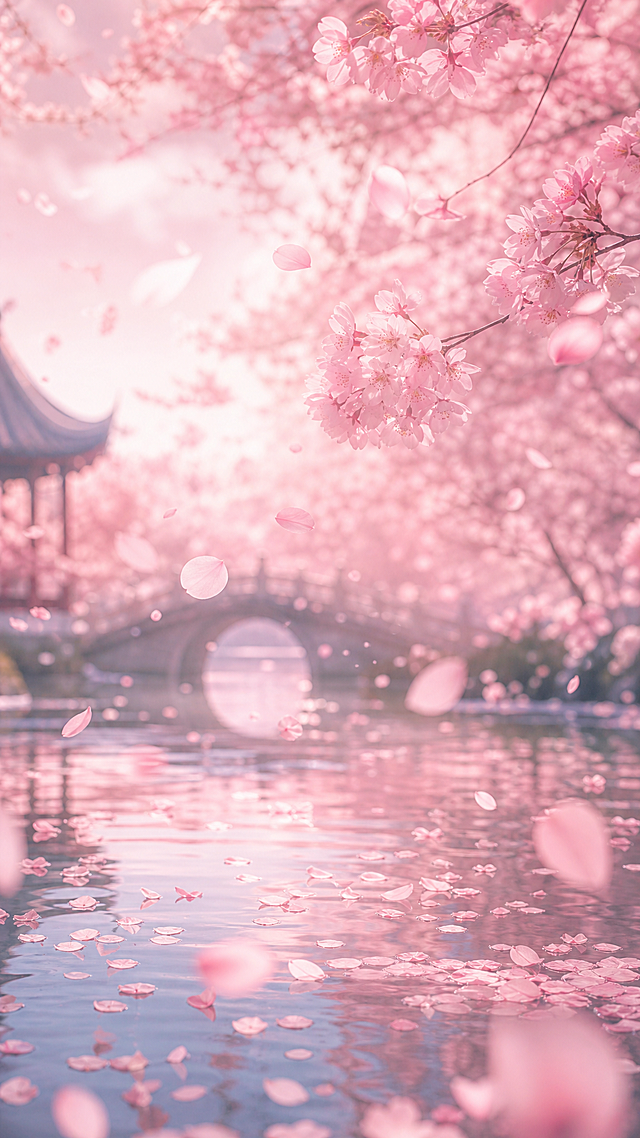 粉色樱花花瓣在空中轻柔漂浮，梦幻朦胧的春日场景，淡粉色调，氛围感十足，画质超清细腻