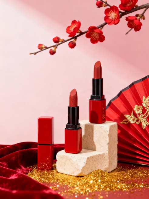 核心提示词：商业产品摄影，图中口红3支错落摆放，其中一支置于浅米色石质底座上，背景为浅粉色渐变墙面，点缀红色梅花枝、金色闪粉、红色丝绒布和带金色刺绣的红色折扇，整体色调为红金粉三色，光线柔和高级，营造预览效果