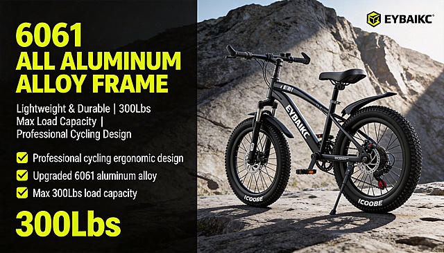 Create a 16:9 horizontal ratio Instagram Story/TikTok/Pinterest graphic, strictly restore the uploaded EYBAIKC electric bike's all aluminum frame product details, including the 6061 aluminum alloy black frame, EYBAIKC LOGO on the frame, 300Lbs max load data and all design elements, the product appearance must be completely consistent with the reference picture, no changes to the product design, color scheme or brand elements are allowed, maintain the real matte metal texture of the aluminum alloy frame, high-gloss LOGO texture. The overall style is sturdy high-quality industrial style, magazine-level exquisite layout, unified bold sans-serif font for all text, target US market, English copy. Main title (bold bright yellow large font, top left): 6061 ALL ALUMINUM ALLOY FRAME. Subtitle (white medium font, below the main title): Lightweight & Durable | 300Lbs Max Load Capacity | Professional Cycling Design. Information layout: 16:9 horizontal screen left-right split layout, left 40% of the screen is text area, right 60% is the product full shot area; place the side full shot of the EYBAIKC electric bike frame in the right area, restore the smooth lines of the aluminum alloy frame, the LOGO position on the frame, the background is a rough mountain rock surface to set off the sturdiness of the frame, with side light to highlight the metal texture of the frame; the left area arranges the main title and subtitle at the top, below which are 3 core advantages of the frame: professional cycling ergonomic design, upgraded 6061 aluminum alloy, max 300Lbs load capacity, each with a yellow check mark icon. Design emphasis: Use hard light to highlight the metal texture and smooth lines of the frame, the text layout follows the magazine grid system, the key load data is highlighted with bold font, the brand LOGO is fixed at the top right corner, the overall color scheme is unified with the previous screens, 8K high-definition picture quality, strong sense of sturdiness and reliability.