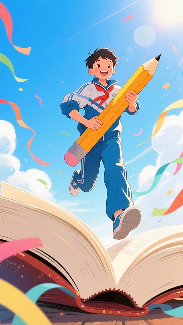 一位穿着中国运动校服的少年双手抱着巨大的铅笔（在胸前）在一本敞开着的巨大的书本上奋力奔跑。周围飘着动感的彩带。背景是蓝天白云。POV，仰视角度，大透视，动态冲击感