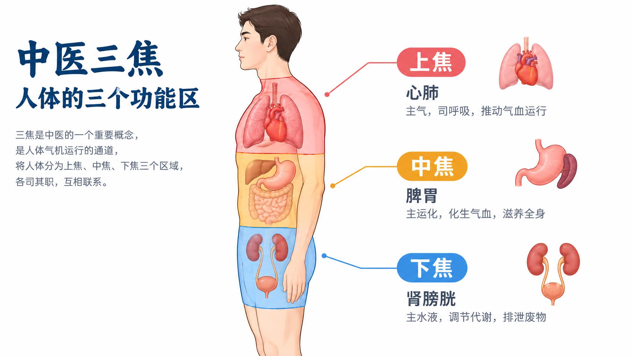 中医三焦科普演示图，人体侧面轮廓图，将人体分为上中下三个区域，… - 图片创意预览
