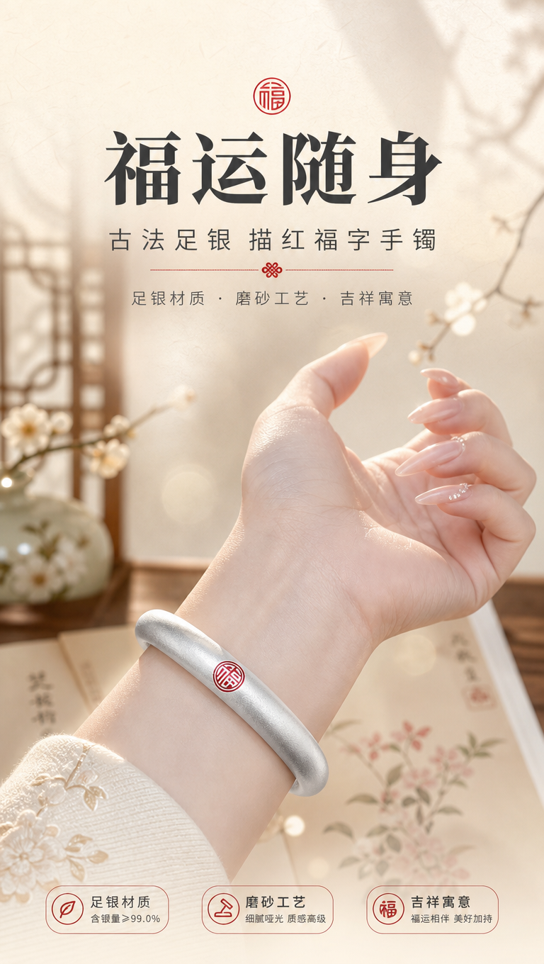 [商品] 使用【图2】古法描红福字足银手镯；保留闭口圆条镯型、… - 图片创意预览