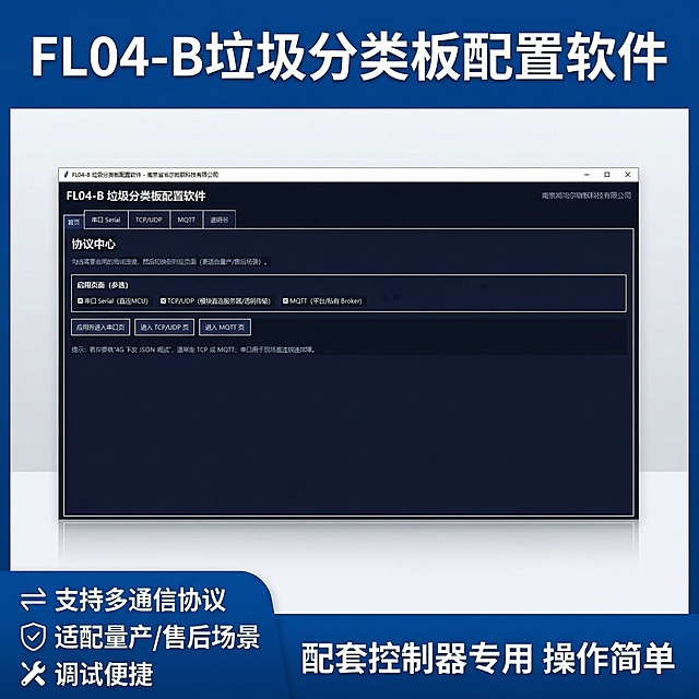 电商主图，宽高比1:1，首要目标是在搜索结果页中一眼抓住注意力。顶部核心信息区主标题为"FL04-B垃圾分类板配置软件"，字体醒目，深蓝色背景配白色字体；中部商品展示区居中放置软件首页界面截图，画质增强，清晰展示协议中心的串口、TCP/UDP、MQTT三种通信协议配置选项，背景为浅灰色渐变，突出软件界面的核心功能入口；底部辅助信息区通栏设计，深蓝色背景，左侧标注核心优势：支持多通信协议、适配量产/售后场景、调试便捷，右侧标注"配套控制器专用 操作简单"。整体层次清晰，文字不遮挡界面核心内容，风格专业严谨，符合工业软件类电商主图规范。