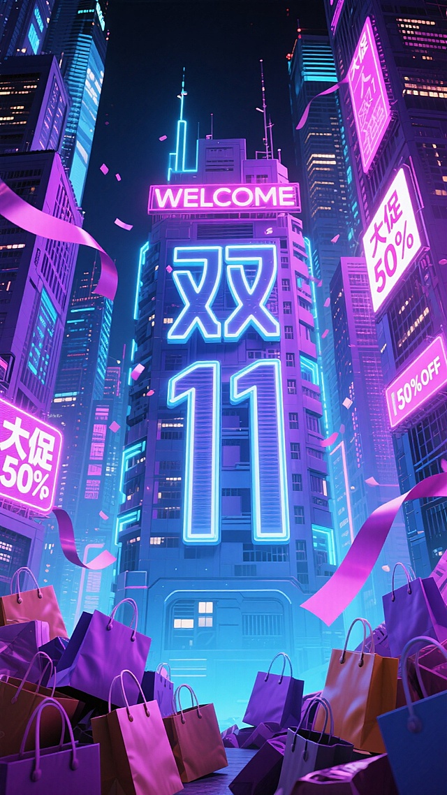 赛博朋克风格的未来城市夜景：发光的“双11”字形的机械大楼上方霓虹文字广告牌“WELCOME”立在中间。高耸摩天楼布满密集，周围带有“大促”“50%OFF”等促销信息的霓虹招牌。紫、粉、蓝等鲜亮霓虹交织，搭配全息投影显示，繁华的科幻科技城市,上方有丝带飘落，前面放着一堆购物袋