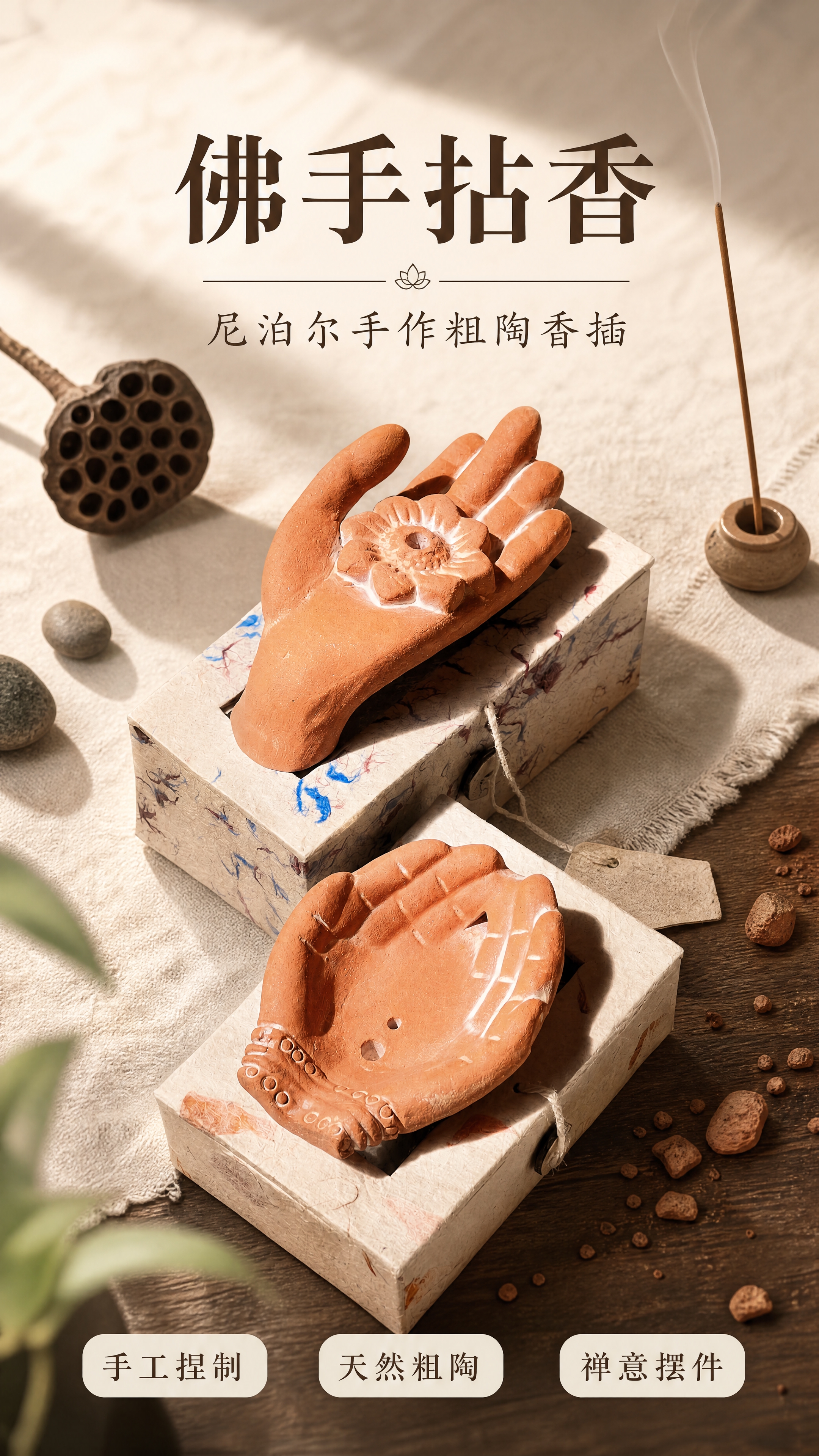 [第1张] 详情页头图-尼泊尔手作粗陶佛手香插双款主视觉海报。… - 图片创意预览