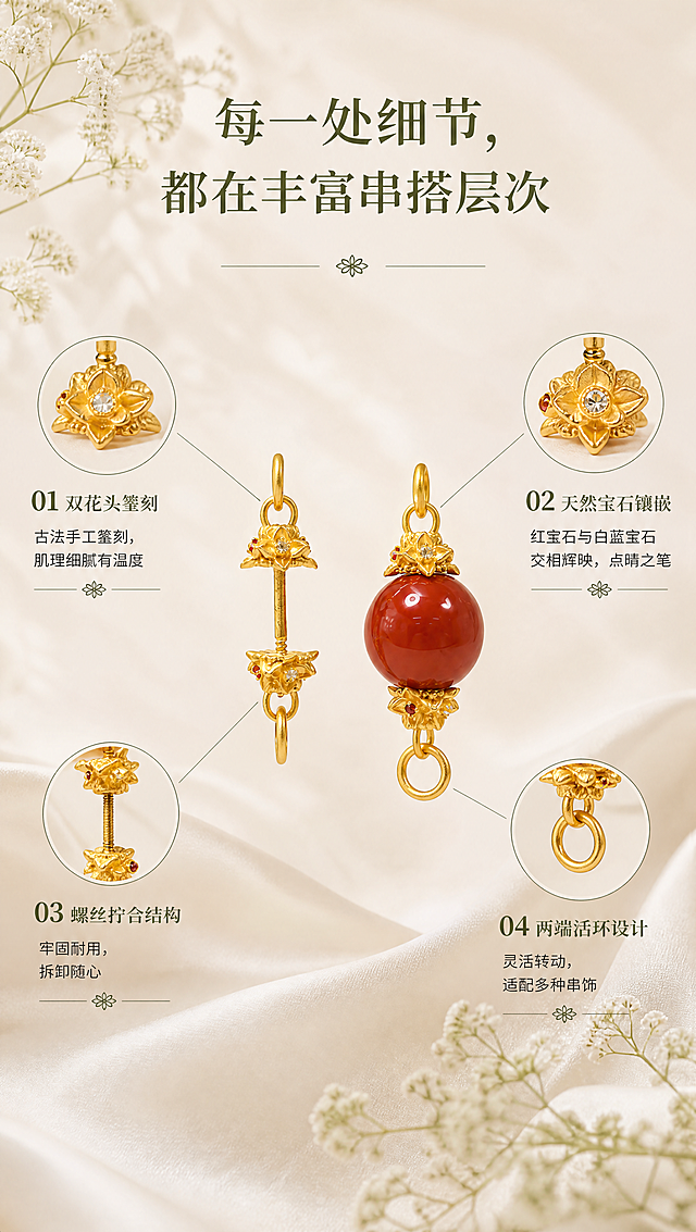[商品] 使用【图7】悬挂双款螺丝扣正面对比图（单只螺丝扣+南红圆珠款）；100%保留双花头造型、花瓣形状与层数、南红圆珠色泽、天然红宝石与白蓝宝石的位置和数量、古法金砂面磨砂肌理、足金黄铜原色（完全参照参考图3的黄金颜色）、两款产品的比例、厚度、孔径、活环连接方式；去除顶部透明鱼线，鱼线完全消除不留痕迹；禁止改结构、变形、重绘、发白过曝，宝石火彩自然。
[画面] 页面目标：四角引线标注细节页，全方位展示细节；构图：顶部居中大标题+四叶小花分隔；中部两款产品自然悬浮于米白色丝绸背景之上（去鱼线后），占画面宽度55%；四个圆形细节放大图分别位于左上、右上、左下、右下，用细引线连接到产品对应部位；每个圆形图配编号+标题+两行说明；背景左上角与右下角点缀白色满天星干花，丝绸铺底，底色与参考图1完全一致；阅读动线：顶部标题→中间产品→四角细节。
[视觉] 套系策略：风格=法式复古轻奢珠宝风（背景底色与参考图1、2完全相同）；标题字=宋体衬线粗体；正文字=黑体无衬线常规体；主色=米白暖调#F5F0E8（与参考图1底色完全一致）；背景延展=米白到浅米黄的柔和渐变，米白色丝绸自然褶皱铺底，左上角与右下角白色满天星干花点缀，整体暖调柔焦；强调色=橄榄绿#7A8B6F；标题色=深橄榄绿#5A6B4F；正文色=深棕灰#6B6358；组件=细线分隔+四叶小花装饰+圆形放大框+细引线+编号；光影=左上方45°柔暖自然光，产品投下柔和投影，黄金磨砂肌理与参考图3完全一致。
[文字] 顶部居中：大标题两行"每一处细节，""都在丰富串搭层次"（粗宋大号），下方细线+四叶小花+细线分隔；四角标注：01（左上）双花头錾刻/古法手工錾刻，/肌理细腻有温度；02（右上）天然宝石镶嵌/红宝石与白蓝宝石/交相辉映，点睛之笔；03（左下）螺丝拧合结构/牢固耐用，/拆卸随心；04（右下）两端活环设计/灵活转动，/适配多种串饰；每个标注配圆形放大图+四叶小花底部分隔；所有文字横排，不遮挡产品主体。
[规格] 图片宽度850px，高度约1500px（竖版），分辨率4K；负向提示：避免鱼线残留、产品变形、改结构、重绘花朵造型、发白过曝、死黑阴影、冷蓝背景、文字竖排、文字遮挡产品、宝石颜色偏差、古法金磨砂肌理丢失、拼图感、黄金颜色偏亮偏白。