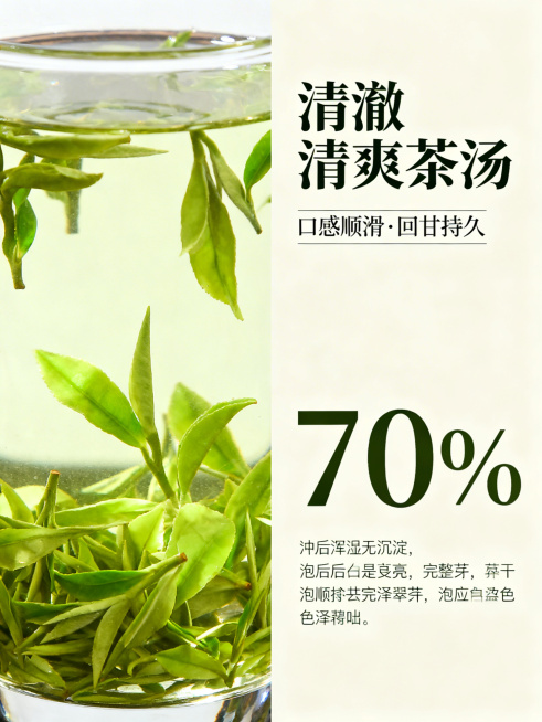 翠芽绿茶茶汤展示海报，左侧30%区域展示冲泡后茶汤特写，茶汤清澈透亮呈淡嫩绿色，无浑浊无沉淀，泡后叶片舒展完整芽叶分明色泽翠绿，茶汤光影通透。右侧70%区域放置加粗醒目主标题"清澈清爽茶汤"，轻盈副标预览效果