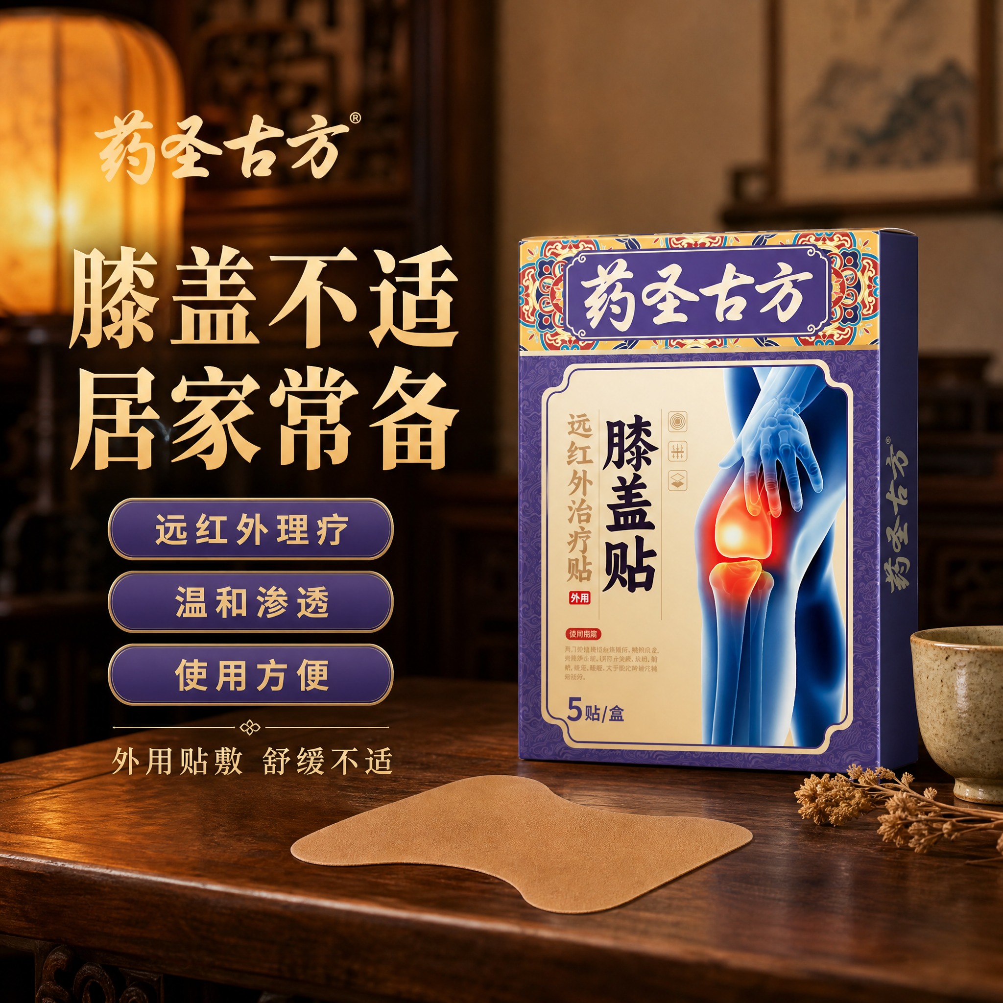 [单张主图] 药圣古方远红外治疗贴膝盖贴 中式国风品质感主图第… - 图片创意预览