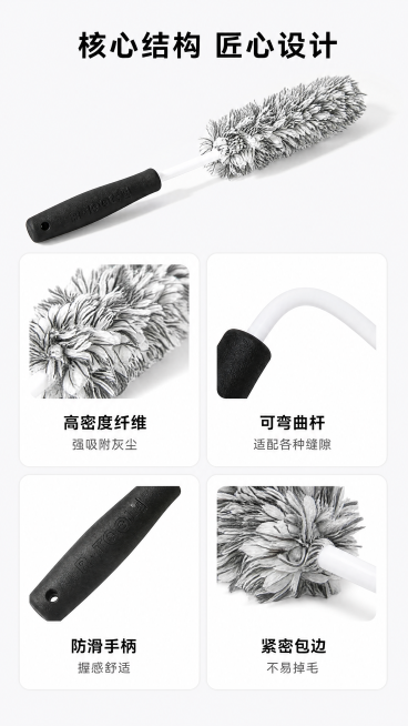 [第3屏] 核心结构特点解析-可弯曲纤维轮毂刷结构展示。
[氛围/风格] 专业解析风格，干净简约商务风，细节清晰，科技质感。
[元素布局] 整体采用2x2四宫格圆角卡片布局，展示四个核心结构特点。轮毂预览效果