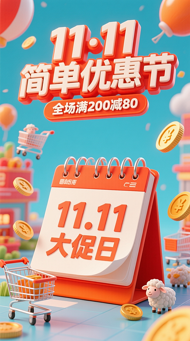 卡通3D风格，3D立体主标题“11·11 简单优惠节”位于画面上方，副标题小字“全场满200减80”，画面中心是一本超大的日历，日历上写着“11.11 大促日”，画面四周搭配、购物车、金币、小羊等元素，高饱和红橙配色。
