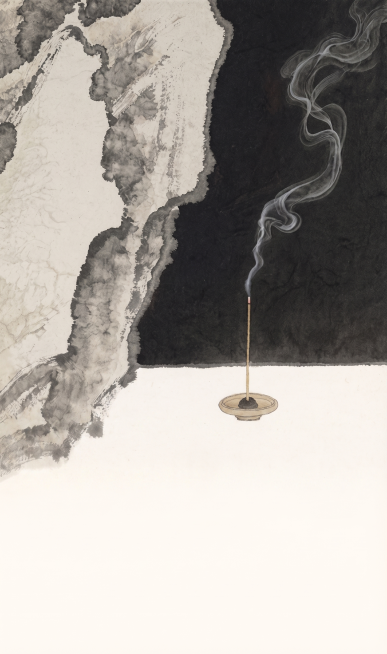 生成新中式国风禅意水墨画，整体风格和参考图一致，保持黑白水墨对比构图，一炷香燃于素白台面，青烟袅袅升起，结合传统水墨山石技法，意境空灵幽静，禅意十足预览效果
