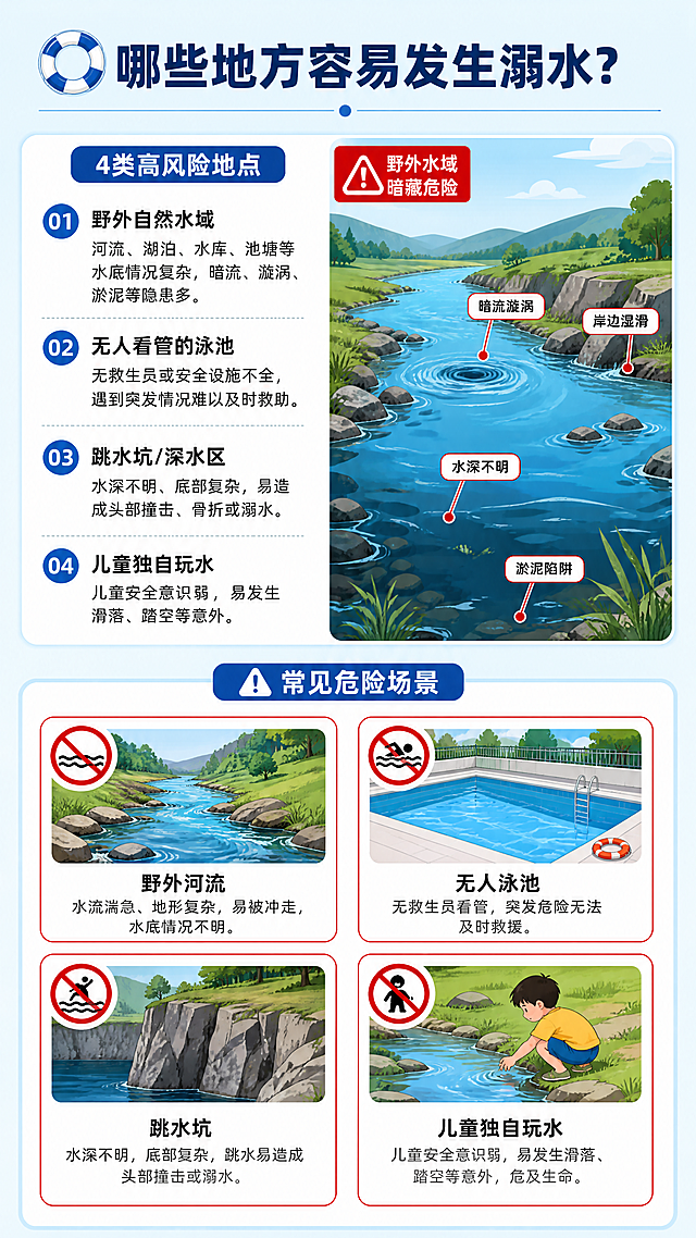 [第2屏] 防溺水误区与危险场景识别页，公益科普内容页
[氛围/风格] 清晰直观的科普说明风格，图文结合，对比明确，保持蓝色安全主题配色一致
[元素布局] 页面上半部分放左侧文字、右侧示意图的双栏布局，下半部分列举常见危险水域场景卡片，每个场景配小图标和短说明。包含：野外河流、无人泳池、跳水坑、儿童独自玩水四种场景，每个场景独立卡片展示。
[光影质感] 均匀明亮的顶光，卡片之间留白清晰，文字与背景对比充足，易读性强
[配色色系] 全局底色#E8F4F8（浅青蓝），卡片背景白色，主标题深蓝色#1A3A5C，警示场景标注红色边框，文字深灰色#333333
[视角构图] 纵向9:16构图，分上下两个模块，上模块双栏对比，下模块四宫格排列，模块间距留白适当，不拥挤
[文字版式] 顶部模块主标题 "哪些地方容易发生溺水？"，左栏文字列举4类高风险地点，右栏示意图展示野外危险水域；下半部分每个场景卡片配6字以内标题，如"野外河流"，文字在图标下方，字号统一整齐
[比例分辨率] 宽高比9:16，4K超高清分辨率，文字清晰可辨
[负向提示词] 文字拥挤，卡片重叠，颜色冲突，文字模糊，构图混乱，水印