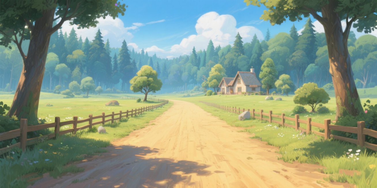 游戏插画风格的背景图，一片广袤的森林，正前方是一条横向的黄土路面，路对面有木栏围着路面，围栏后面有房屋，旁边有树木，参杂着草地，有蓝天白云，整体色调分明，卡通可爱风格，画面清晰整洁，透发出大自然的魅力预览效果