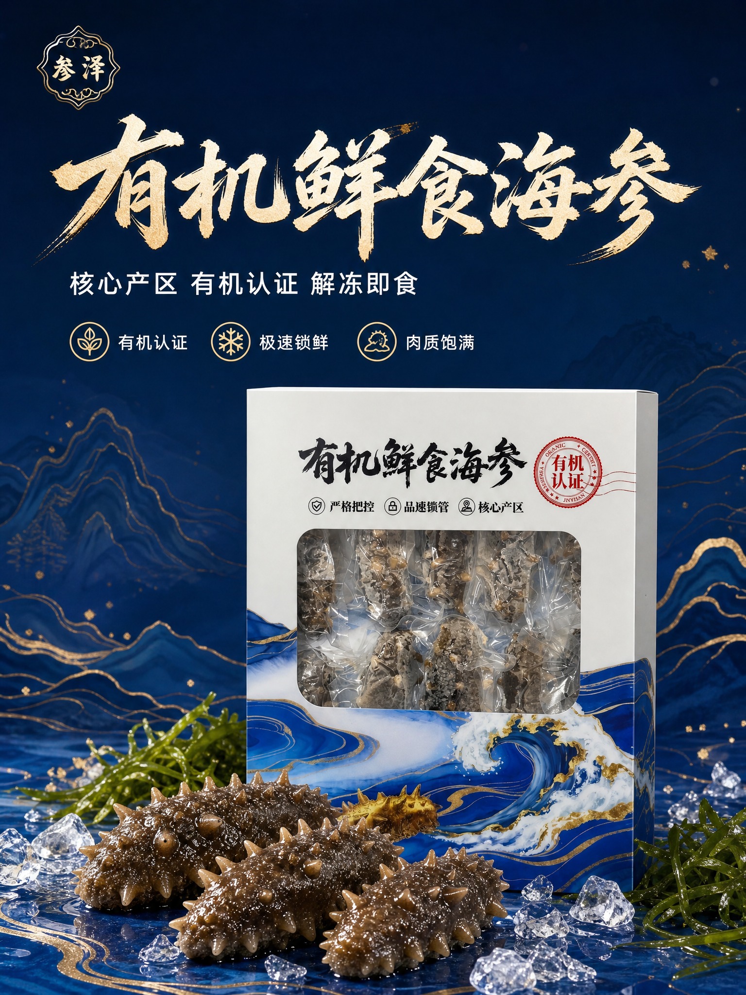 [商品] 使用【图1】【图8】有机鲜食海参礼盒；保留白色盒面、… - 图片创意预览