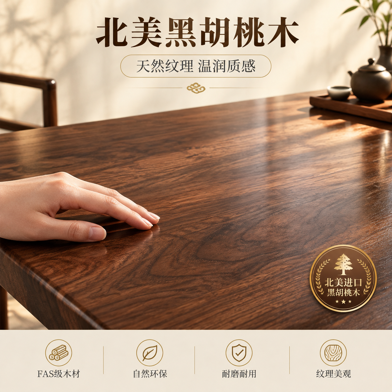 [主图-3] 新中式实木茶桌材质与工艺细节主图，展示北美黑胡桃… - 图片创意预览