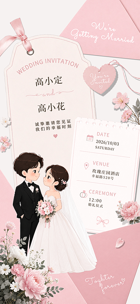 粉色卡通婚礼邀请函海报