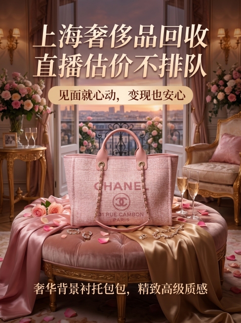 打造小红书主图，风格浪漫奢华带点性感，目标人群为年收入500W的外企白领女性，粉色香奈儿沙滩包奢侈品回收宣传，添加文案"上海奢侈品回收 直播估价不排队，见面就心动，变现也安心"，奢华背景衬托包包，精致预览效果