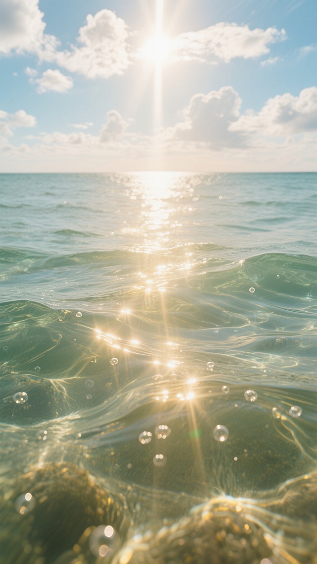 清澈的海水从底部延伸至画面中央，水面波光粼粼，阳光从海面上方斜射下来，形成金色的光线穿透海水，照亮水中的细小气泡和波纹，天空中布满白色的云朵，光线柔和而温暖，整体呈现出宁静而明亮的氛围