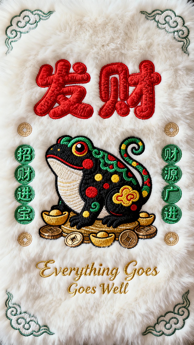 一张以发财为主题的毛绒质感海报，整体采用纯白色毛绒材质为背景，具有细腻柔软的绒毛纹理和温暖柔和的视觉效果。画面中央是醒目的红色“发财”二字，采用圆润可爱的字体，字体边缘饱满，无毛笔笔触感，文字表面有精致的刺绣纹理，立体感强。主体图案为一只色彩鲜艳的金蟾，身体以黑色为底色，点缀着绿色、红色、黄色的祥云花纹和圆点图案，金蟾姿态生动，背部有卷曲的装饰性尾巴，周围环绕着金色的元宝和铜钱图案，增添发财主题氛围。金蟾下方和周围分布着绿色的吉祥文字，内容围绕“招财进宝”“财源广进”等发财祝福语，字体同样圆润可爱，与主题文字风格统一。底部有金色的“Everything Goes Well”英文祝福语，字体带有优雅的曲线装饰。画面边缘点缀着对称的祥云纹样和圆形图案，整体构图饱满均衡，色彩以红色、金色、绿色为主，与白色毛绒背景形成鲜明对比，营造出喜庆、吉祥、富有质感的发财主题氛围，视觉层级清晰，核心信息突出，信息传达高效，符合节日喜庆和招财纳福的宣传目的。