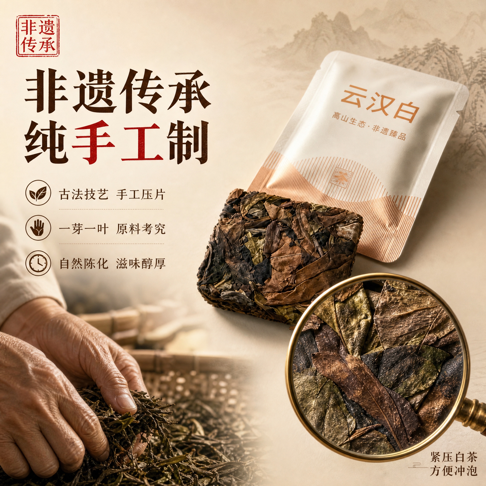 [主图-3] 细节与工艺，主题：非遗纯手工制作工艺，展示干茶细… - 图片创意预览