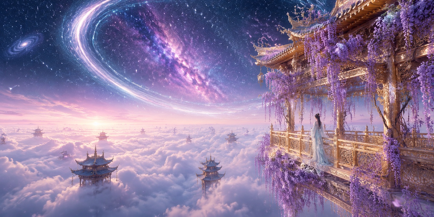 横向纵深广角构图，画面右侧延伸鎏金雕花悬空观景长廊，廊台栏杆精… - 图片创意预览