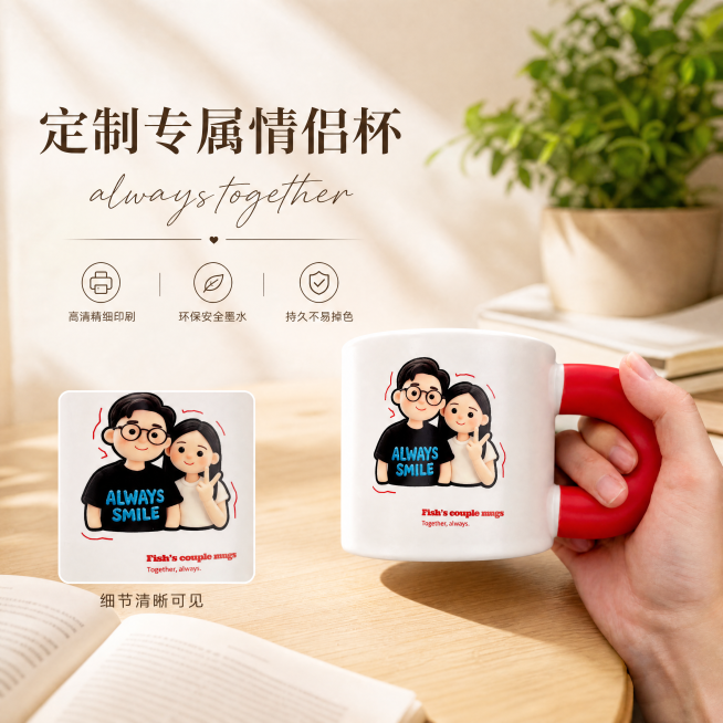 [单张主图] 定制情侣陶瓷马克杯，高级氛围感主图，真实使用场景展示，突出产品品质和定制特色。
[画面主体] 原产品图中定制情侣马克杯主体放置在画面右侧，手持握红色把手展示，保持产品外观物理结构材质质感预览效果