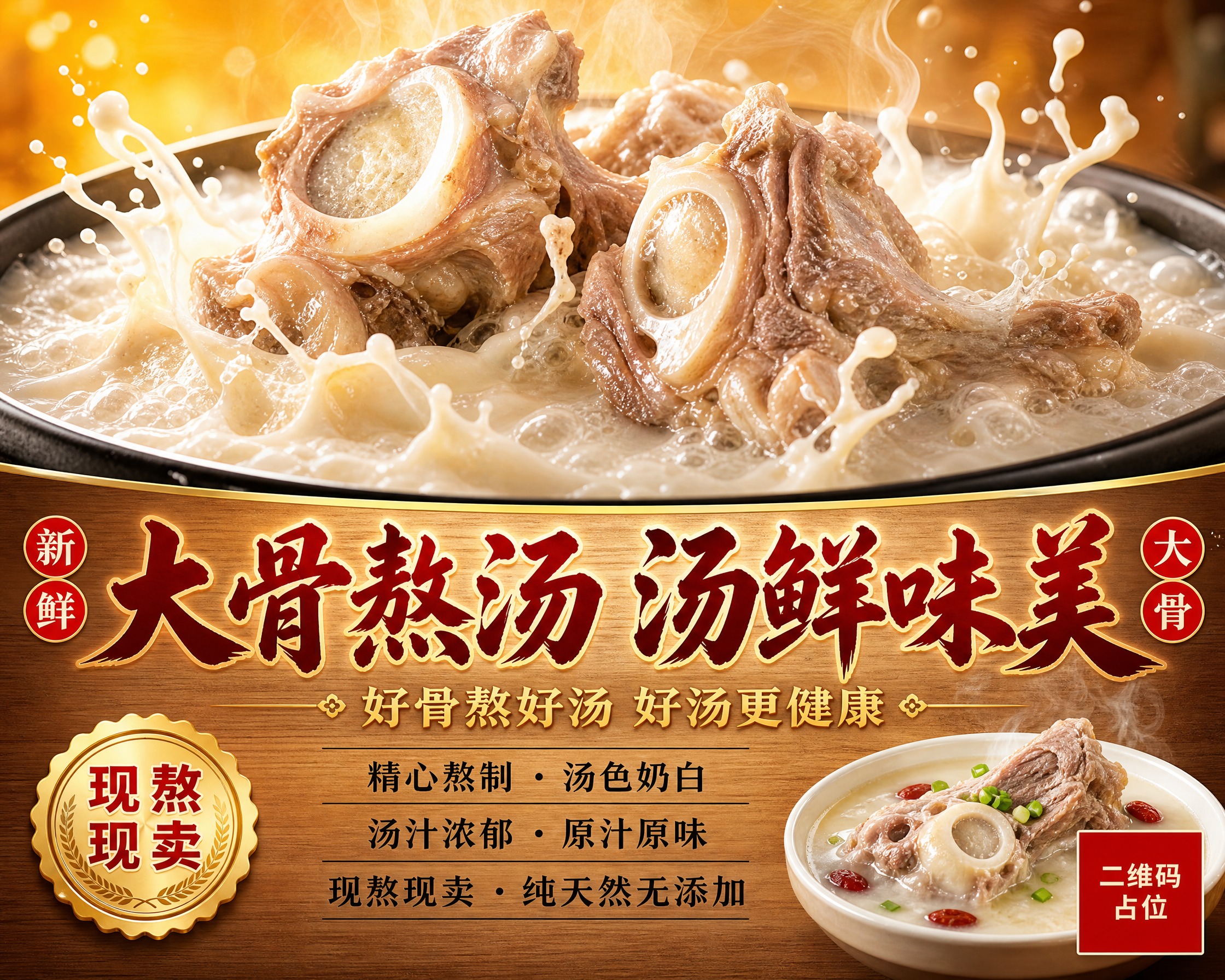 大骨熬汤美食海报，横向比例5:4（100×80cm横版）。参考… - 图片创意预览