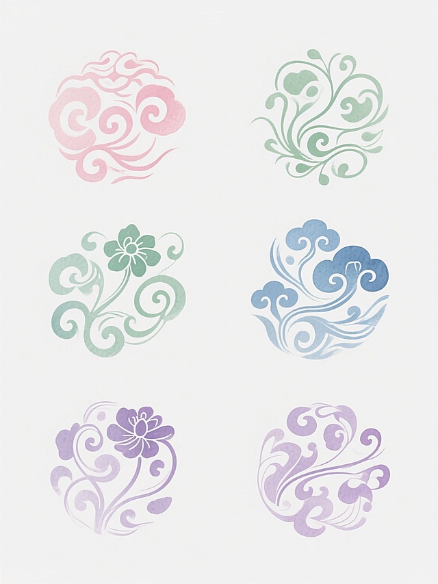 白色背景上排列整齐的六个不同样式、不同造型的中式传统花纹，每个花纹均采用细腻流畅的线条勾勒，融合了卷草纹、云纹、花卉纹等经典中式元素，色彩以淡雅的粉色、绿色、蓝色、紫色为主，呈现出柔和渐变的水墨晕染质感，整体风格典雅清新，具有传统东方美学韵味，花纹之间间距均匀，布局对称平衡，展现出整齐有序的视觉效果。