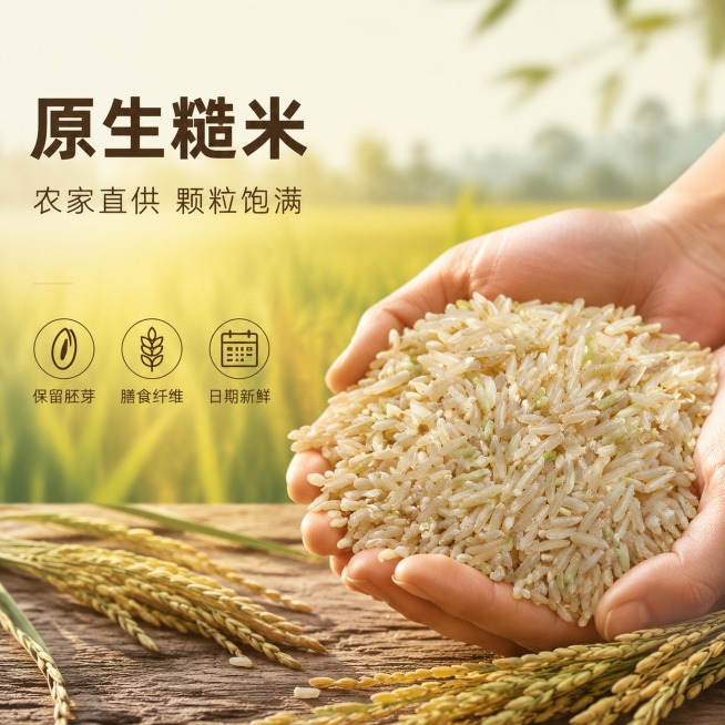 [单张主图] 农家生粒糙米电商主图，走高级氛围感路线，目的是激发消费者购买欲望。
[画面主体] 手捧长粒糙米特写，米粒清晰饱满，保持糙米外观物理结构、材质质感、颜色与输入产品图绝对一致，杜绝任何变形和预览效果