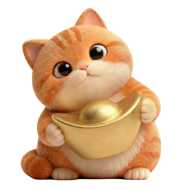将小猫手中的磨砂银元宝改成金色金元宝，保留磨砂质感和传统元宝造型，保持小猫姿势、角度和整体风格不变预览效果