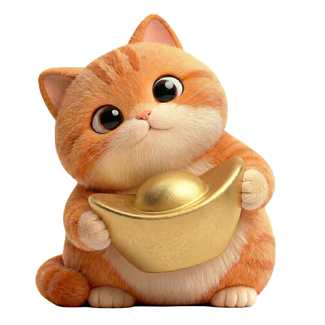 将小猫手中的磨砂银元宝改成金色金元宝，保留磨砂质感和传统元宝造型，保持小猫姿势、角度和整体风格不变