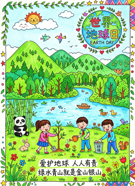 适合小学三年级学生的手绘儿童画，世界地球日主题，画面展现美丽中国的自然风光，包含连绵青山、清澈湖水、茂密树林和青青草地，色彩明亮鲜艳，画风活泼简单，适合孩子创作的简笔插画风格预览效果