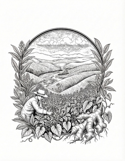 仅修改图片右下角的植物根部，将其替换为何首乌的块根，保留现有的黑白版画线条风格，保留山景河流风景、农民采摘的构图以及整体圆形装饰边框结构和其他生姜植物不变预览效果