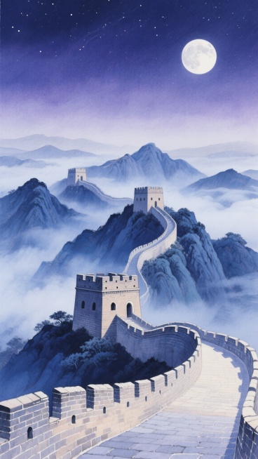 中国长城蜿蜒盘旋于险峻山峦之上，烽火台与城墙细节清晰，采用水彩画艺术风格，以深蓝与靛青为主色调，搭配淡紫与浅灰的渐变天空，背景为静谧的星空夜景，云雾如轻纱般缭绕山间，月光洒在城墙表面形成柔和反光，整体氛围宁静而神秘，展现出与原图像截然不同的冷色调夜空意境。预览效果